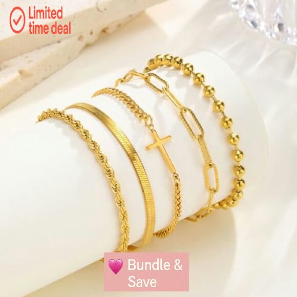 14k Gold Plated Snake Cuban Link Bracelet Set Stackable Christian Jewelry - Picture 6 of 8